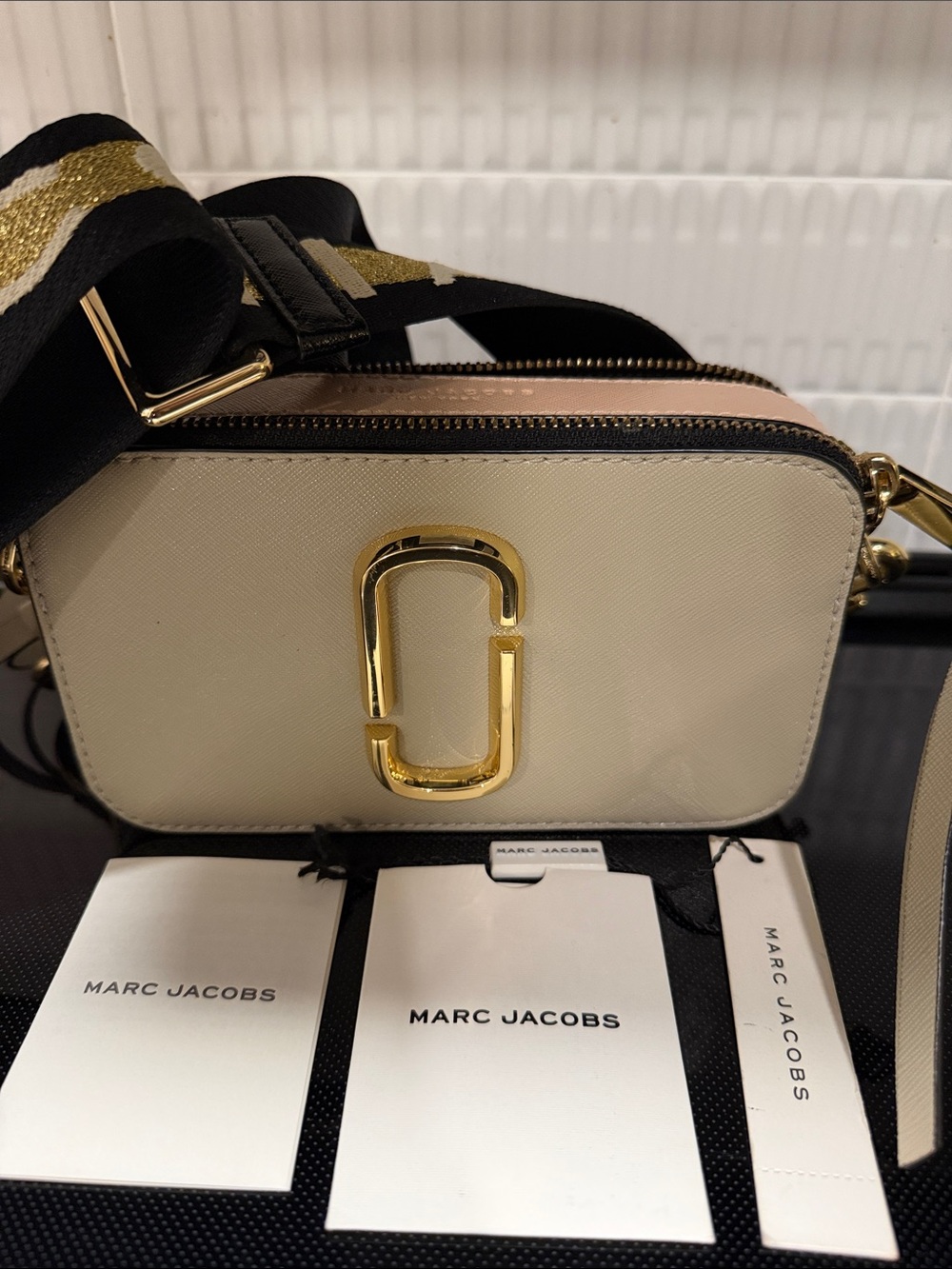 Marc Jacobs Cream and Black Snapshot Crossbody with Gold Hardware and Strap